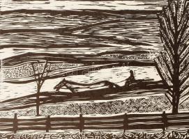 Perei Zoltán (1913-1992): Táj. Fametszet, papír. Jelzés nélkül. Lapszéli törésnyomokkal és kisebb sz...