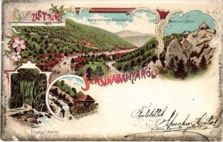 1899 Szászkabánya, Németszászka, Sasca Montana; Román malom, völgy sétány, szikla / Engpass i. Mühlthal, Rumänische Mühle, Padina Duscha Felsen. Kunstanstalt Karl Schwidernoch / Romanian mill, valley path, rocks. Art Nouveau, floral, litho (Rb)