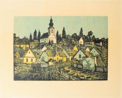 Réti Mátyás (1922-2002): Falusi utca. Színes linómetszet, papír, jelzett és számozott (52/100), 25×37,5 cm