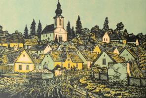 Réti Mátyás (1922-2002): Falusi utca. Színes linómetszet, papír, jelzett és számozott (52/100), 25×3...