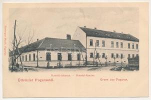 Fogaras, Fagaras; Honvéd laktanya. Szinberger Manó kiadása / Honvéd-Kaserne / K.u.K. military barracks (gyűrődés / crease)