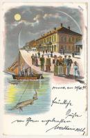 1898 Orsova, Üdvözlet. utcakép, vitorlás hajó este. G. Hütterer No. 2770. / Gruss aus... street view and sailing ship at night. litho (kopott sarkak / worn corners)