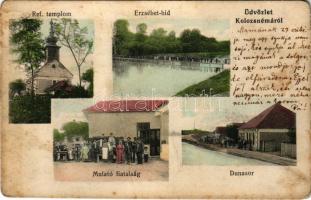 [FELVIDÉK] 1914 Kolozsnéma, Klízska Nemá; Református templom, Erzsébet híd, Dunasor, üzlet, Mulató fiatalság, gramofon / Calvinist church, bridge, street view, shop, young people having fun, gramophone (fa)