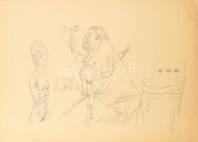 Vinkler László (1912-1980): Szürrealista jelenet (cím nélkül). Ceruza, papír, jelzés nélkül, 43×51 cm