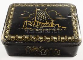 Angol fém teás doboz, kopással, 19x25 cm