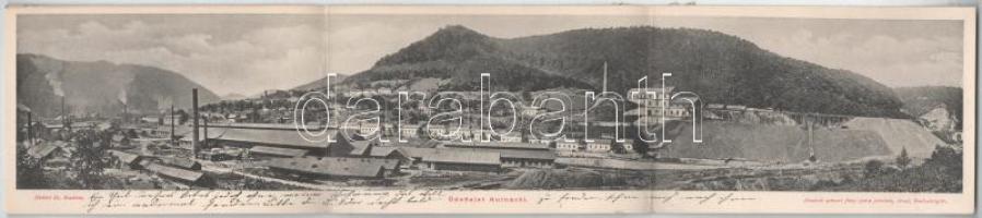 1905 Anina, Stájerlakanina, Stájerlak, Steierdorf; vasgyár teljes látképe. Három részes kihajtható panorámalap, Hubert Zs. kiadása, Honisch felvétele / iron works, factory. 3-tiled folding panoramacard (r)