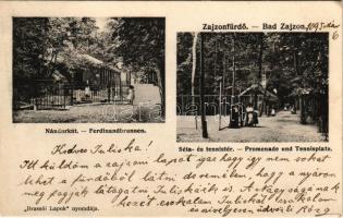 1905 Zajzon, Zaizon-fürdő, Zajzonfürdő, Baile Zizin; Nándor kút, Séta és tennistér, teniszpálya. Brassói Lapok nyomdája / Ferdinandbrunnen, Promenade und Tennisplatz / fountain, promenade, tennis court (EK)