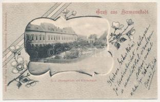 1902 Nagyszeben, Hermannstadt, Sibiu; K. u. Finanzgebäude mit Elisabethpark / Pénzügyigazgatóság és Erzsébet park. Karl Graef kiadása / financial palace, park. Art Nouveau, floral (EB)