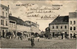 1907 Arad, Szabadság tér, Hubert J. és Társa, Erber és Fleischmann, Daimel Lajos, Schwarz Testvérek üzlete / square, shops (kis szakadás / small tear)