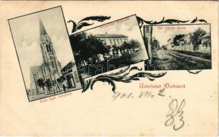 1901 Detta, Ghedu, Deta; Római katolikus templom, Bellavista szálloda, Szent István utca / church, hotel, street. Art Nouveau, floral (r)