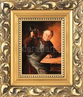 Laluk György (1954-2020): Sörivó barát. Olaj, fa, jelzett. Dekoratív fakeretben. 24,5x18,5 cm