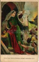 Zrínyi Ilona hőstette Munkács várának védelmében 1688. Bilkei Dezső és Radovánovics János / Countess Ilona Zrínyi, heroic defender of Palanok Castle (Mukachevo) in 1688. Hungarian patriotic military art postcard. Globus Műintézet litho (EK)