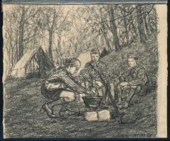 cca 1935 Cserkészek bográcsozás közben, ceruzarajz kartonon, hátoldalt cserkészcsapat bélyegzővel, publikálási jelekkel, szép állapotban, 12,5×15,5 cm