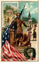 Abraham Lincoln. Emancipation with American flag. Raphael Tuck &amp; Sons Postcard Series No. 155. Lincoln's Birthday, Emb. litho (worn surface)