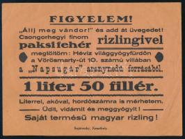 cca 1930 Hévíz "világgyógyfürdőn" kimért paksi fehér rizlingi reklámcédula, szép állapotban