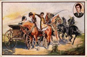 Petőfi Centenárium: Pusztai találkozás (Betyár lovag) / Hungarian folklore art postcard. Edition of the Petőfi Academy s: Fejes Gy.