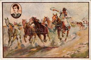 Petőfi Centenárium: Kinn a ménes / Hungarian folklore art postcard. Edition of the Petőfi Academy s: Benyovszky (EB)