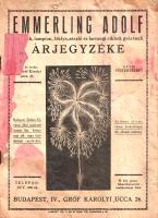 Emmerling Adolf tűzijáték, lampion, zászló és farsangicikk-gyárának képes árjegyzéke. (1930 körül). Budapest, [1930 körül]. "Admiral" nyomda. 46 p. Emmerling Adolf budapesti tűzijáték- és fáklya-gyáros az 1900-as évek elején alapította meg pirotechnikai vállalkozását. Évtizedes működése alatt folyamatosan bővítette profilját, igazi áttörését pedig 1927-ben érte el, az ez évtől megrendezett augusztus 20-i tűzijátékok fő pirotechnikai szállítójává választották. Nagyközönségnek szánt árukatalógusa fő látványosságát a kézből és földről indítható, durranó és durranás nélküli, függélyes irányban forgó és egyéb tűzijátékok, bombák jelentik: részletes árjegyzékük mellett, gazdag illusztrációs anyag is szerepel kiadványunkban. A kézi indítású eszközökön túl tekintélyes méretű, népünnepélyekre való mozsárágyúk, viharröppenytűk, viharágyúk, görögtüzek is feltűnnek. A tűzijátékok után füzérek, lampionok, illusztrált léggömbök, japán ernyők, tréfás papírhangszerek, tréfás tárgyak is felvonulnak (széjjel nem nyitható ollók, sörbe való svábbogarak, nyávogó párnák, tüsszentő és viszkető porok), majd farsangi álarcok és jelmezek, karácsonyfadíszek, ünnepi címerek és zászlók zárják a katalógust. Kiadási év feltüntetése nélkül megjelent katalógusunk publikálási évét 1930 körülire tesszük, figyelembe véve a vállalkozás hivatalos tűzijáték-beszállítói státuszát, Emmerling Adolf irodájának és pesterzsébeti gyárának telephelyét és telefonszámát, illetve gyárának pesterzsébeti mivoltát (a délkeleti előváros 1932-től a Pestszenterzsébet megnevezést viseli). Az illusztrált, enyhén sérült címlapon nagyobb foltosság, a belív további oldalain kisebb foltosság a felső sarokban, kiadványunk utolsó levelein apró szúrágásnyom. Példányunk utolsó levele, illetve borítófedelei hiányoznak.