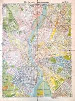 [Térkép] Budapest közlekedési térképe. 1947-es kiadás, teljes utcanévjegyzékkel. Stoits György "Merre menjek?" sorozatából. Budapest, [1948]. Barcza Lászlóné - Dóczi Sándor litográfiai ny. Színes térkép, mérete: 575x430 mm egy 630x470 mm méretű térképlapon. Az utolsó koalíciós évben kiadott, enyhén torzított Budapest-térképünk a város belterületét ábrázolja. Térképünk nyugati határán az Erzsébet-kilátó és a Budaörsi repülőtér tűnik fel, keleti határán az Örs vezér tere és Kőbánya-Kispest vasútállomása, déli határát Kamaraerdő és teljesen kiépült Wekerletelep, északi határát az óbudai temető, Római-part és a káposztásmegyeri lóversenypálya jelenti. A térképen a teljes budapesti villamos-, autóbusz- és vasúthálózaton kívül egyes nevezetesebb látnivalók és középületek (Parlament, Akadémia, Zeneakadémia, OTI-székház; hidak, templomok, zárdák, gimnáziumok, kilátók, fürdők, színházak, szállodák, csárdák, közkertek, emlékművek) madártávlati rajzai is feltűnnek. 1947-ben kiadott térképünkön a belváros valamennyi hídja szerepel, jóllehet a Lánchíd csak 1949-ben, az Erzsébet híd csak 1964-ben épült újjá. Stoits György özvegye, a kiadó alighanem csupán a legszükségesebb módosításokat hajtotta végre az eredeti, 1940 körül keletkezett térképen: a Horthy Miklós híd nevét eltüntette, a Horthy utat Bartók Béla, a Károly király utat Somogyi Béla, a Berlini teret Marx térre nevezte át, az Oktogon és a Körönd pedig visszakapta eredeti nevét. Az eredetihez képest jelentős térképmódosításnak számít a Kossuth híd feltüntetése. Térképünk hátoldalán utcanévjegyzék. A hajtások mentén gyűrődések és szakadások, hátoldalán javítások, a lapszéleken halvány foltosságok. Térképünk a függőleges hajtás mentén kettévált. Fabó-Holló 2931. Korának megfelelő állapotú térkép.