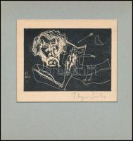 Plugor Sándor (1940-1999): Ex libris. Linómetszet, papír, jelzett, paszpartuban. 10x14 cm