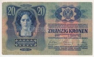 1913. 20K "2254 842016" felülbélyegzés nélkül T:F,VG sarokhiány, tűlyuk