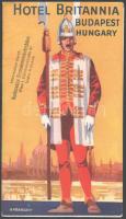 1935 A budapesti Hotel Britannia rendkívül dekoratív (szign. Haranghy) képekkel illusztrált 4 részes kihajtható reklámja, külön lapon rajzos árjegyzékkel és térképpel, szép állapotban