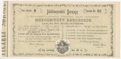 1878. Hódmezővásárhely "Jótékonyczélú Sorsjegy - A Hold-Mező-Vásárhelyi Születésű avagy Illetőségű Mozgósított Harczosok Családjaik Segélyezésére" 30kr értékű sorsjegy, "8-46" sorszámmal T:AU Hungary / Hódmezővásárhely 1878. "Charity Lottery Ticket for the Families of the Soldiers of Hódmezővásárhely" lottery ticket about 30 Kreuzer, with "8-46" serial number C:AU