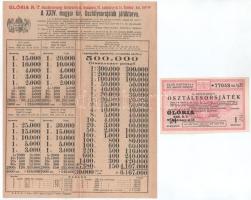 1930. "24. Magyar Királyi Osztálysorsjáték" 1. osztály egynegyed sorsjegye "B", vízjeles papíron, a "Glória Kereskedelmi Rt." bélyegzőjével és a cég játéktervével az 1930-as évre T:AU