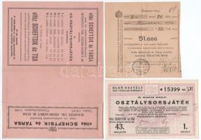 1939. "43. Magyar Királyi Osztálysorsjáték" 1. osztály egynyolcad sorsjegye "E", vízjeles papíron, a "vitéz Scheftsik és tsa" bélyegzőjével, felbélyegzett borítékkal, a cég levelével és játéktervével az 1939-es/1940-es évre, valamint a befizetésről szóló elismervénnyel T:AU