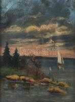 Jelzés nélkül: Vitorlás. Olaj, farost. Sérült. Dekoratív, kissé sérült fakeretben. 40x29,5 cm