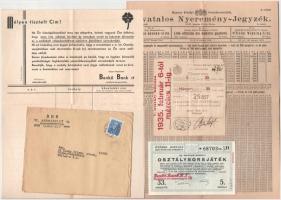 1935. "33. Magyar Királyi Osztálysorsjáték" 5. osztály egynyolcad sorsjegye "H", vízjeles papíron, a "Benkő Bank Rt." bélyegzőjével, felbélyegzett borítékkal, a cég levelével, nyereményjegyzékével és tájékoztatójával az 1939-es/1940-es évre, valamint a befizetésről szóló elismervénnyel T:AU