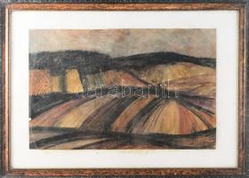 Olvashatatlan jelzéssel: Dombos táj, 1967. Vegyes technika, papír. Sérült. Dekoratív, üvegezett fakeretben. 31,5x49 cm