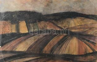 Olvashatatlan jelzéssel: Dombos táj, 1967. Vegyes technika, papír. Sérült. Dekoratív, üvegezett fake...