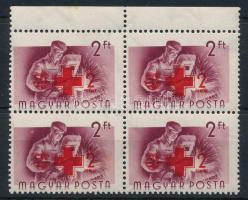 1957 Vöröskereszt IV. 2Ft/2Ft ívszéli négyestömb erősen elfogazva (2 bélyegen rozsdás gumi / stain in gum)
