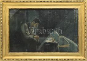 Jelzés nélkül (Somló Jenő?): Szent család. Olaj, vászon. Sérült. Hátoldali felirat szerint a festmény eredeti mérete 80x100 cm. Dekoratív, üvegezett, kissé sérült fakeretben. 34x54 cm