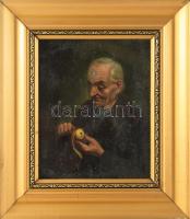 Jelzés nélkül (XX. sz. első fele): Almahámozó. Olaj, vászon. Javított, sérült. Üvegezett, dekoratív fakeretben. 27,5x22,5 cm