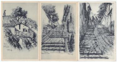 Budapest I. Tabán - 7 db RÉGI megíratlan képeslap Helbing Ferenc grafikáival