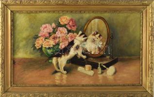 Jelzés nélkül (XX. sz. első fele): Macska a tükörben. Olaj, karton. Dekoratív fakeretben. 23,5x40 cm