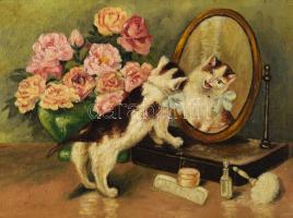 Jelzés nélkül (XX. sz. első fele): Macska a tükörben. Olaj, karton. Dekoratív fakeretben. 23,5x40 cm