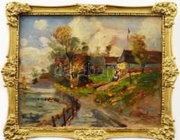 Olvashatatlan (Szász?) jelzéssel: Napos utca. Olaj, karton. Dekoratív fakeretben. 20x25 cm