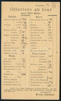 1878 Jaklitsch György pozsonyi (Felvidék) élelmiszer-kereskedő levelezőlapra nyomtatott árlistája po...