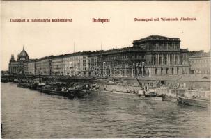 Budapest V. Dunapart a Tudományos Akadémiával, rakpart, teherhajók, Országház. N. M. Bp. 5.