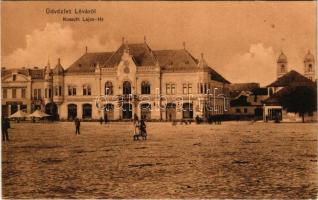 1907 Léva, Levice; Kossuth Lajos tér, Városháza, Barsmegyei Népbank, Lang központi kávéháza, Kovács ...