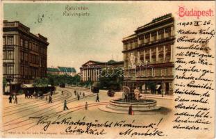 1903 Budapest VIII. Kálvin tér, Nemzeti Múzeum, szökőkút, villamos. Erdélyi cs. és kir. udv. fényképész felvétele után. litho (EK)