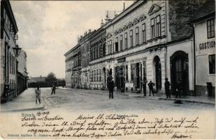 1907 Sziszek, Sisak; Savska ulica / utca, vendéglő, Mayer üzlete / street view, inn, shops (EK)