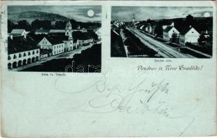 1899 Újgradiska, Novagradiska, Nova Gradiska; Crkva Sv. Terezije, Osiecka ulica / Szent Teréz templom, Eszéki utca este holdfényben / church, street view at night in moonlight (EB)