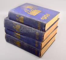 1935-1942 Élet szépirodalmi folyóirat 13 kötete: 1935, 1936, 1937, 1938 I-II, 1939 I-II., 1940 I-II, 1941 I-II, 1942 I-II. Kiadói aranyozott egészvászon-kötések, kopott, foltos borítókkal, de belül alapvetően tiszta, épp lapokkal.
