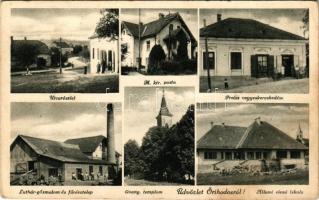 1941 Őrihodos, Hodos; utca részlet, M. kir. posta, Luthár gőzmalom és fűrésztelep, Evangélikus templom, Állami elemi iskola, Preisz üzlete / street view, post office, steam mill and sawmill, Lutheran church, school, shop (fl)