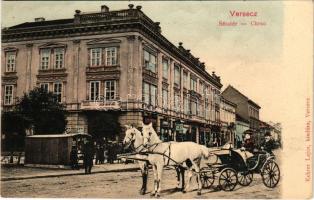 Versec, Werschetz, Vrsac; Sétatér, üzletek. Kehrer Lajos kiadása, montázs hintóval / Corso / promenade, shops. Montage with horse-drawn carriage