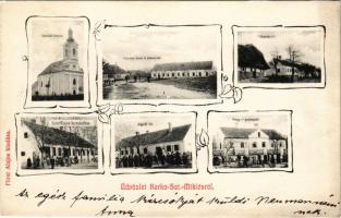 1908 Tornyiszentmiklós, Kerkaszentmiklós, Kerka-Szent-Miklós; Római katolikus templom, iskola és plébánia lak, utca részlet, Jegyzői lak, M. kir. posta, Fürst Alajos üzlete és saját kiadása. Art Nouveau, floral (EK)